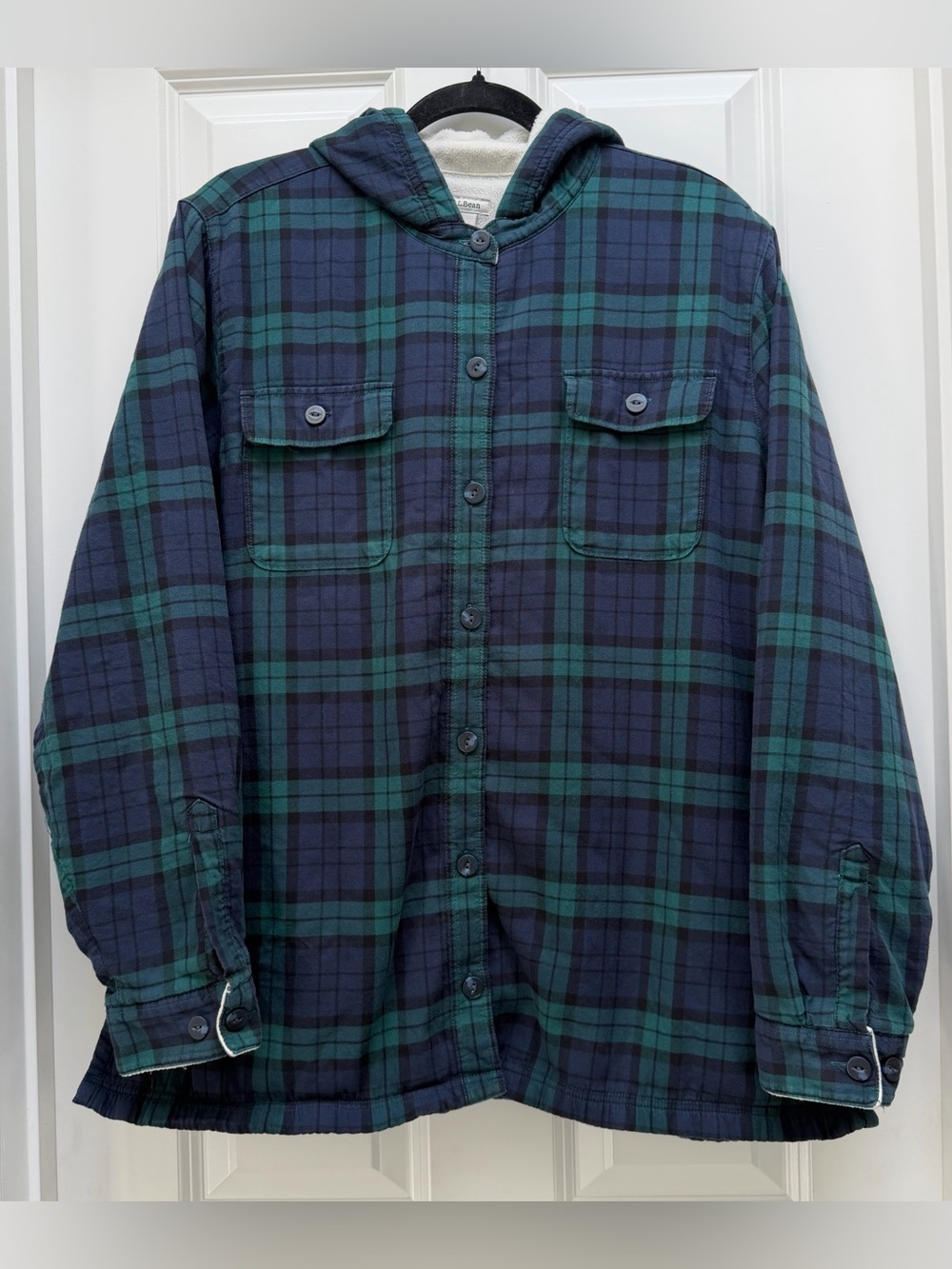 L.L. BEAN BUTTON UP HOODED PLAID FLEECE LINED FLANNEL BLUE GREEN WATCH SCOTCH XL